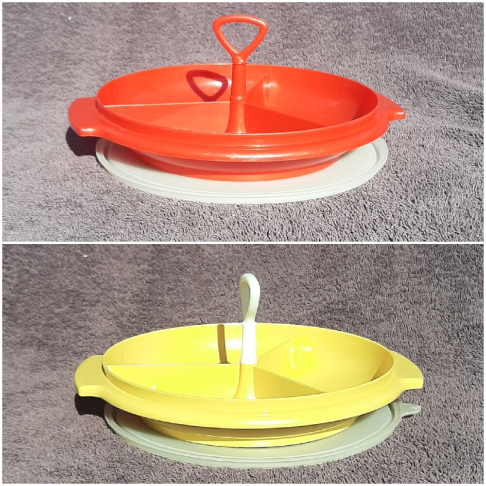 Tupperware Red or Gold Suzette 3 Part Divided Dish Relish Serving Platter 8" D